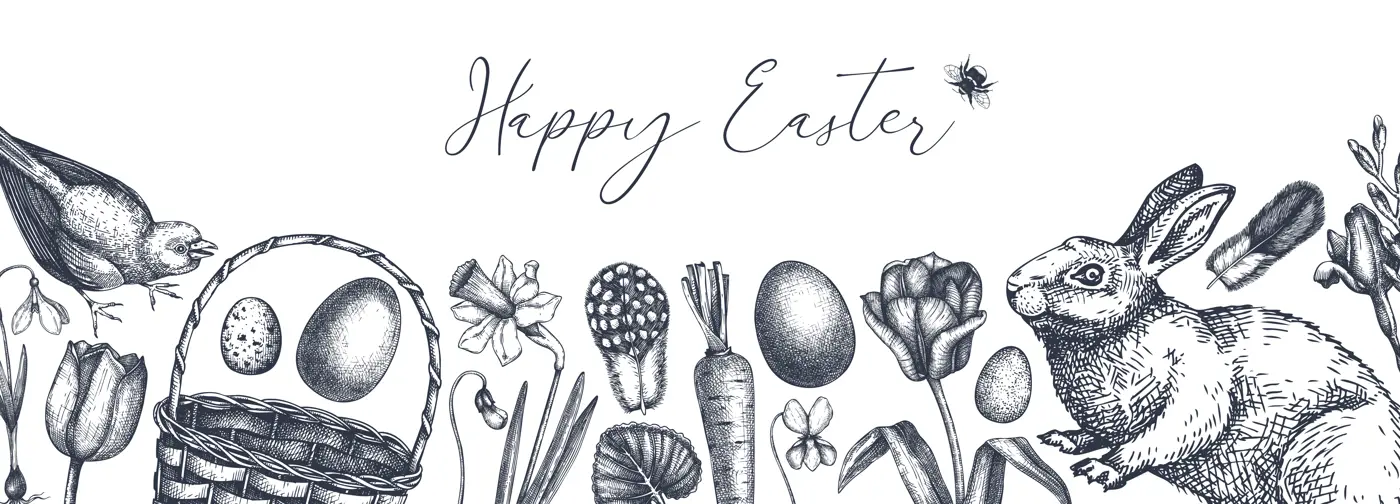 Easter banner design. With spring flowers, eggs and rabbit hand-drawings. Hand-sketched botanical backdrop. Spring plants and animals sketches. Vector Easter background Illustration